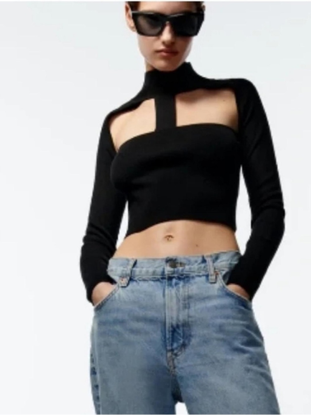 Zara Black Cutout Long-Sleeve Crop Top - Women